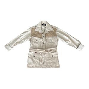 10x Beige Utility Safari Jacket Belted Quilted Shoulder Patches  Small